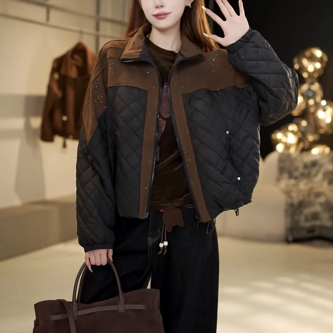 2025秋冬新款时尚休闲百搭拼接亮片宽松显瘦女装棉衣短外套