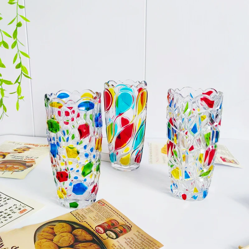 欧式手绘彩色玻璃编织纹撞色花瓶彩绘轻奢高级感居家客厅插花摆件