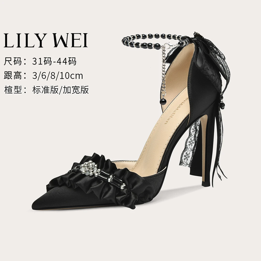Lily Wei【墨香】黑色串珠中空凉鞋洛丽塔甜美高跟鞋2025新款小码