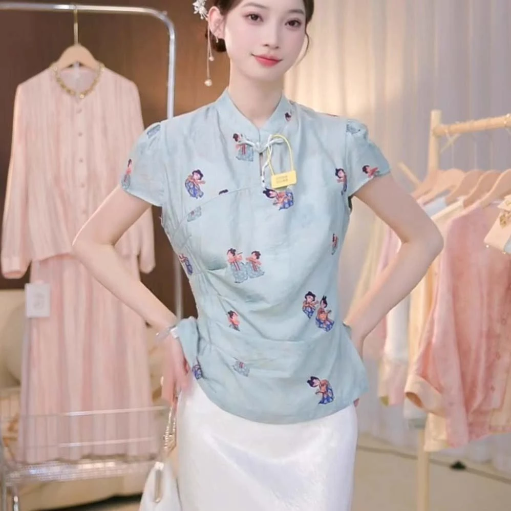 【两件套】清冷感新中式国风小唐人立领短袖收腰女半身裙套装D2989