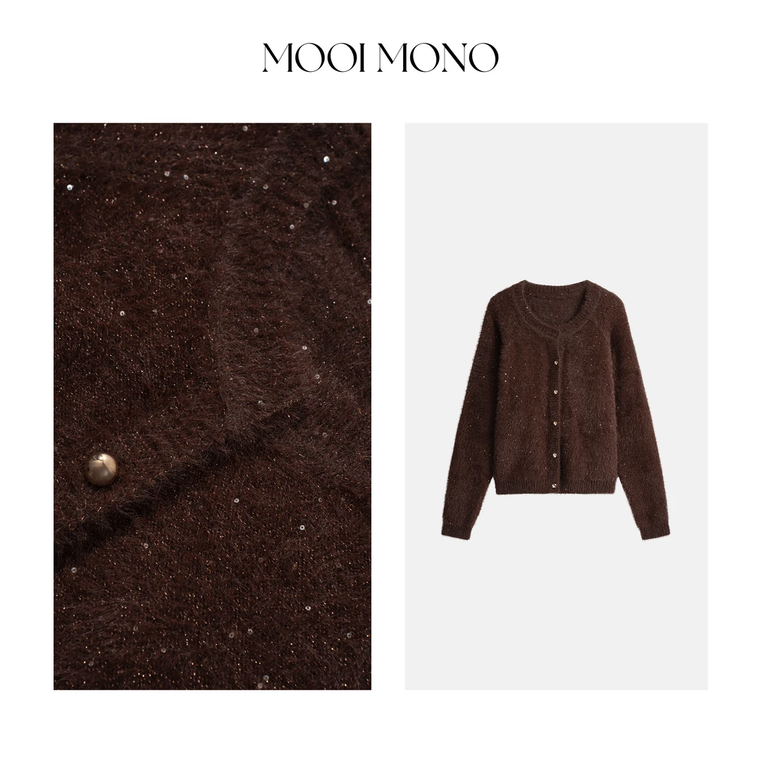 MOOI MONO"绒雾琥珀"显瘦气质琥珀流光风长袖毛衣外套 W128H53
