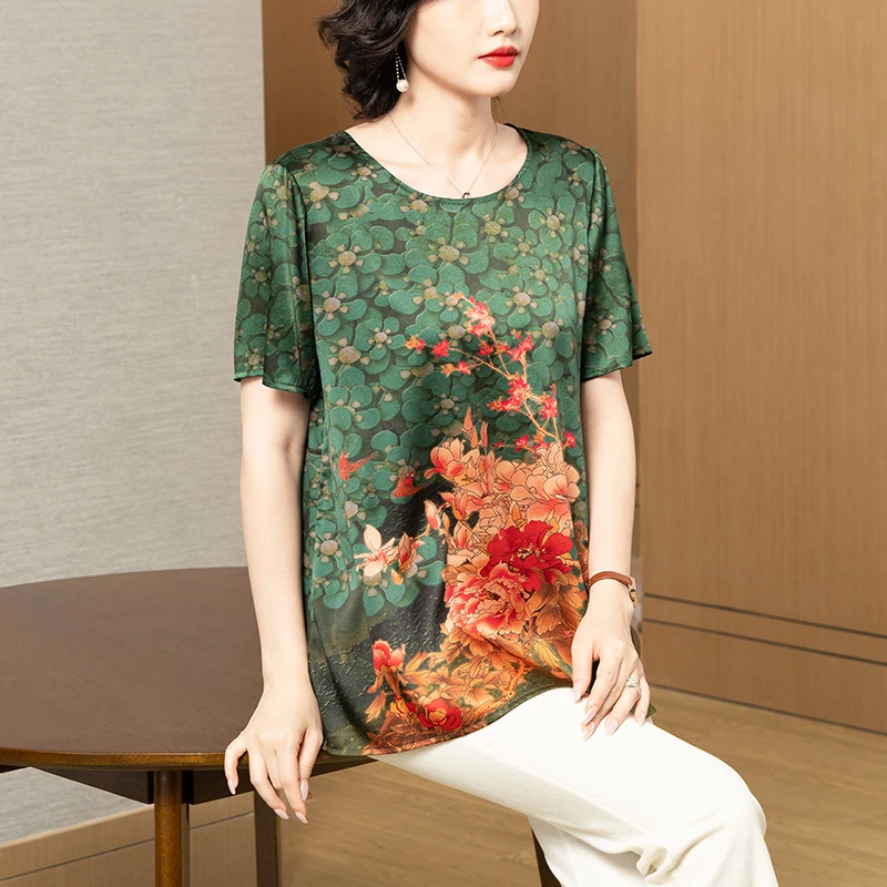 珂影依大码重磅真丝上衣夏季新款印花圆领短袖洋气中老年妈妈衬衣