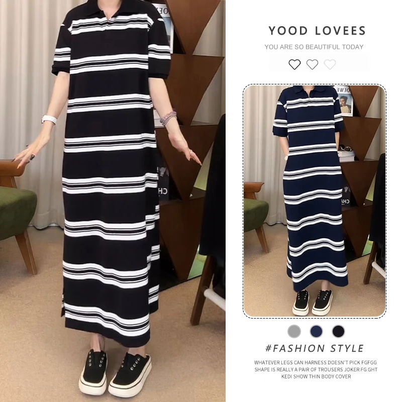 韩系宽松条纹翻领T恤裙女2025夏新款慵懒风开叉直筒显瘦连衣裙女