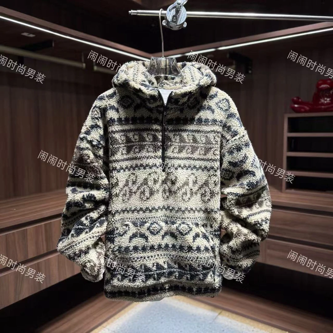 9939冬季新款图腾印花连帽长袖时尚复古宽松休闲潮牌男士卫衣夹克