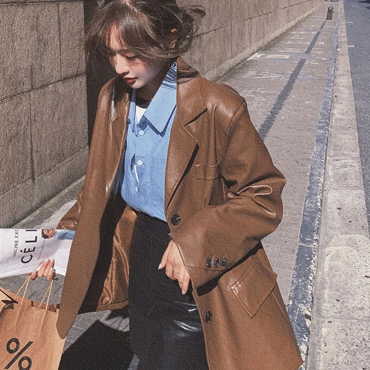 大码胖MM宽松中长款秋季常规款春秋季皮衣咖啡色小西装时尚外套