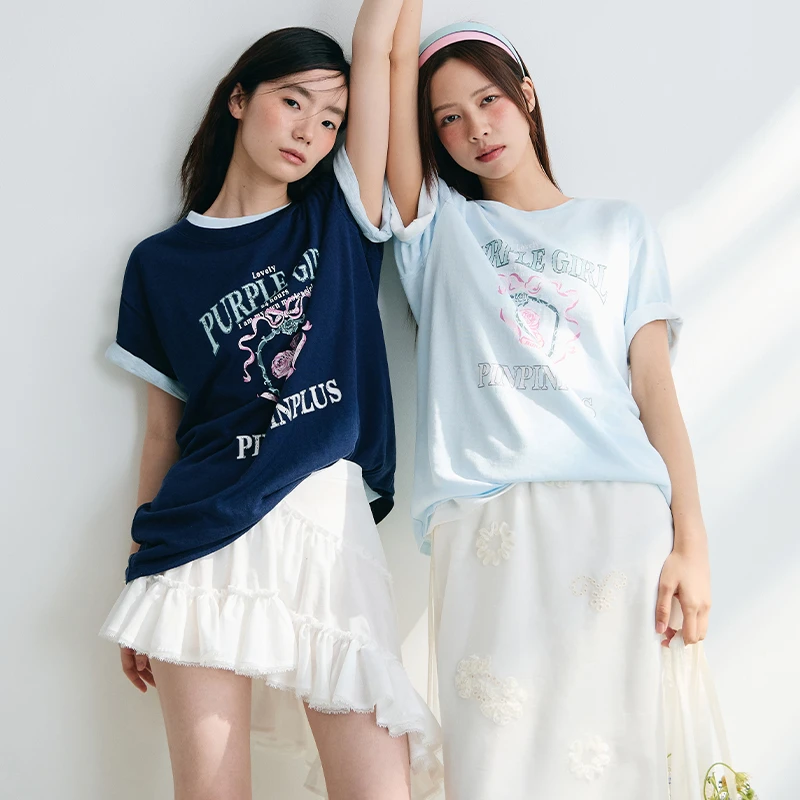 PINPINPLUS丨「冷调玫瑰」慵懒风印花设计感半袖上衣PABEB210025Z