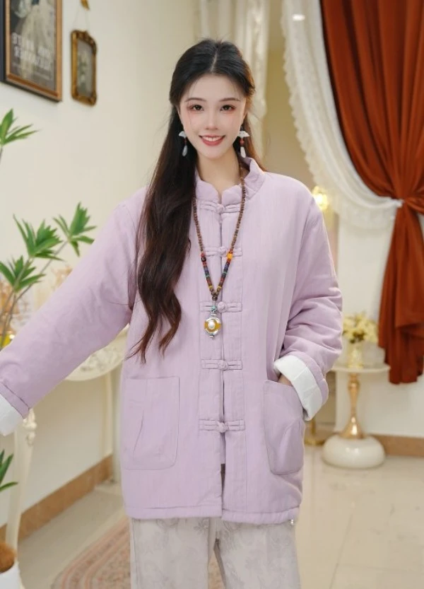 2025年冬季新款棉麻新中式外套纯色棉服百搭宽松棉衣女