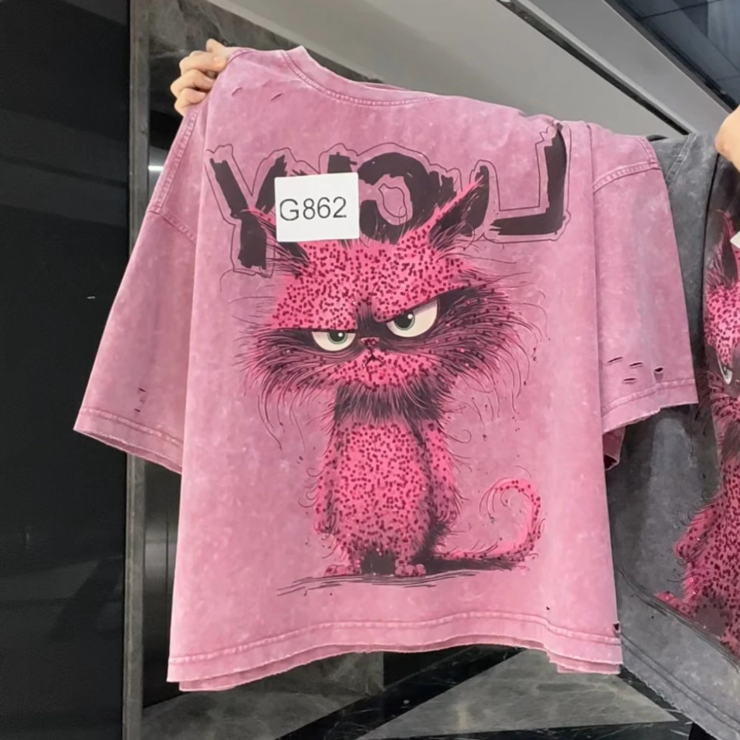 2025春夏新款短版圆领宽松韩版休闲时尚猫咪短款美式复古潮牌短袖