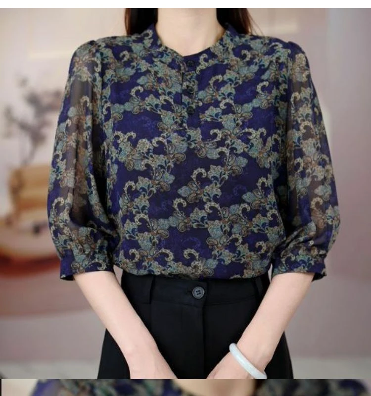 2025新款贵妇人蓝色小衫七分袖印花上衣