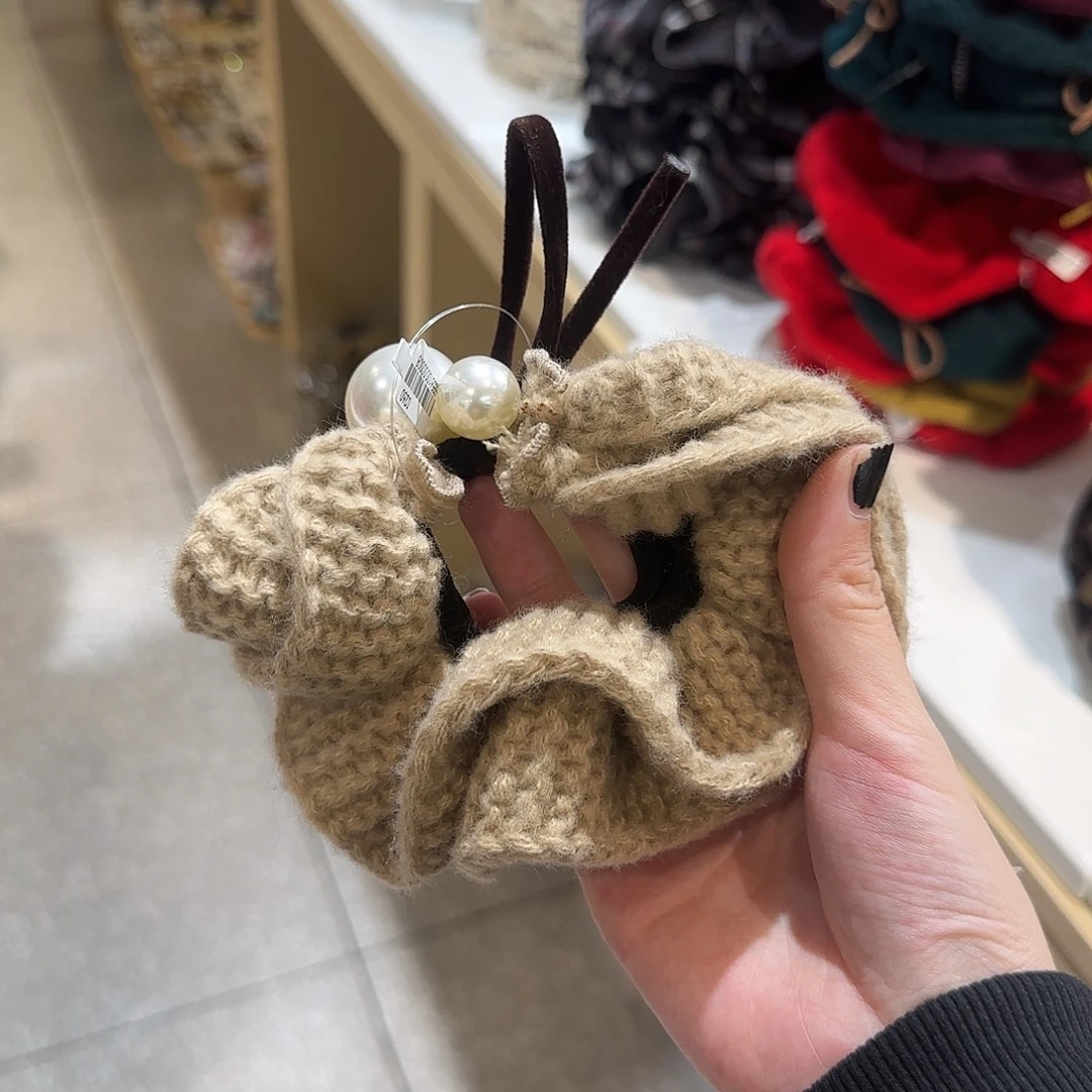 非金属卡其色毛线珠珠发圈