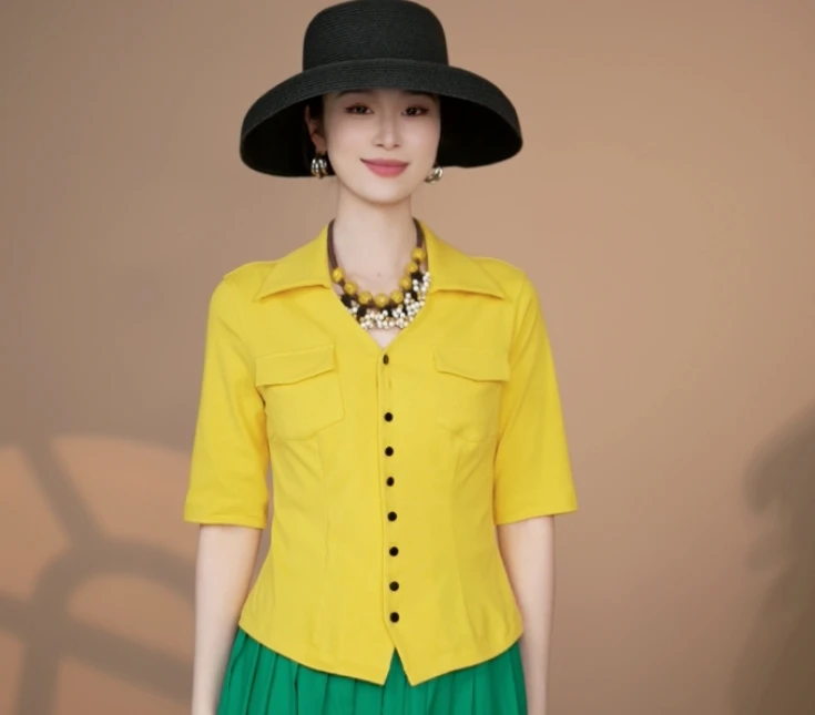 小井定制私服【思追】新款黄色短袖打底衬衫修身款J25W138