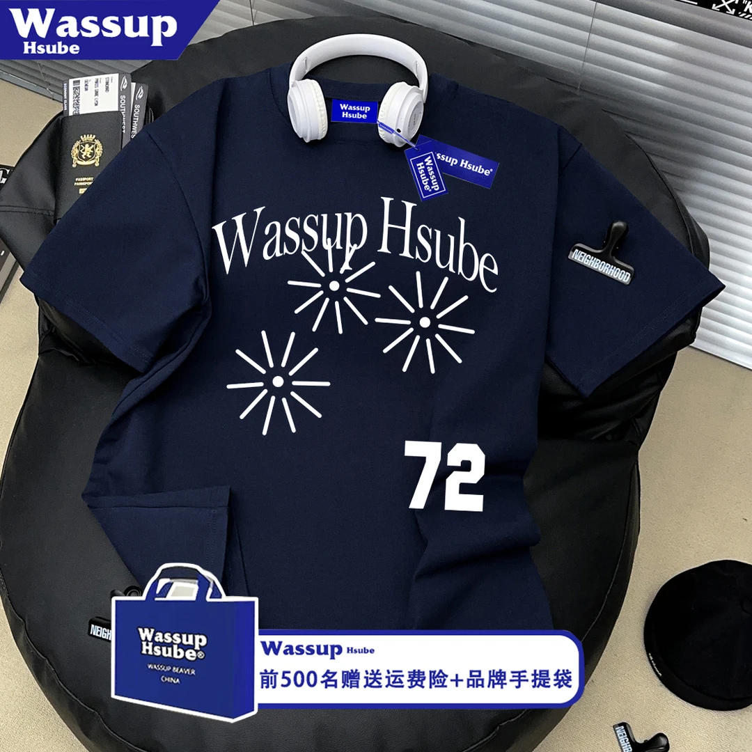 WASSUP HSUBE100%纯棉藏青色印花短袖T恤男女宽松美式复古上衣服