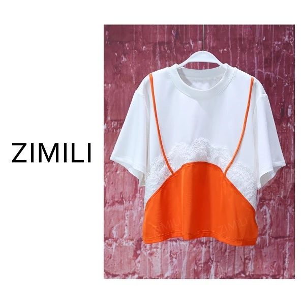 【亮哥女装】2025夏轻薄透气米白色撞色爱玛橙拼接时尚休闲T恤9277