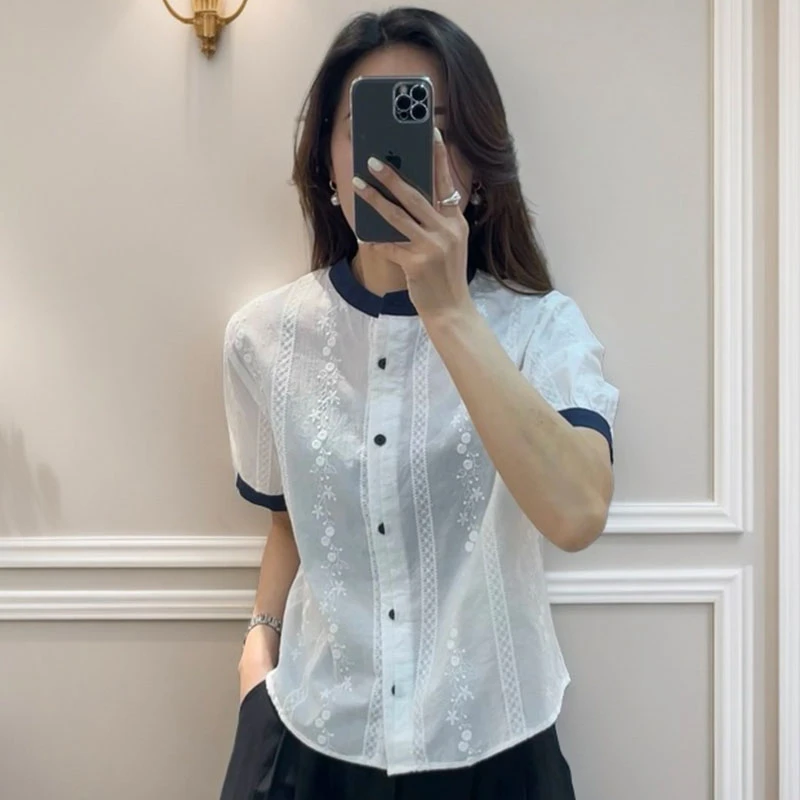 法式镂空刺绣短袖T恤2025夏季衬衣小衫时尚休闲百搭提花宽松衬衫