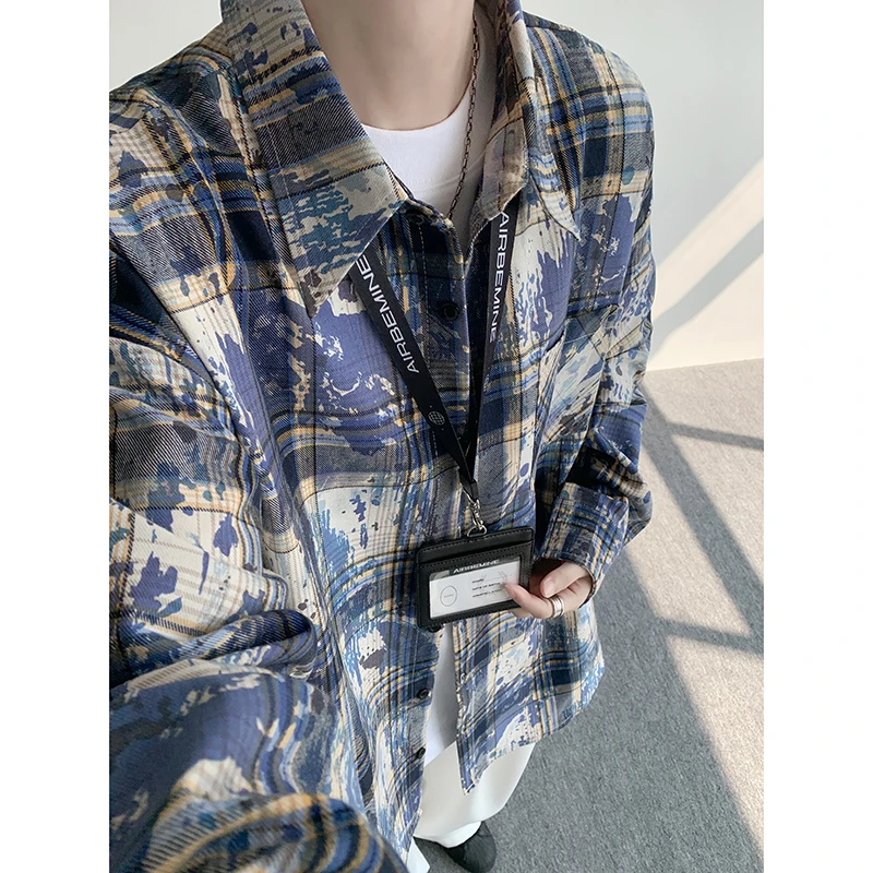 vintage扎染格子衬衫男高级感长袖衬衣潮牌高街美式复古情侣外套