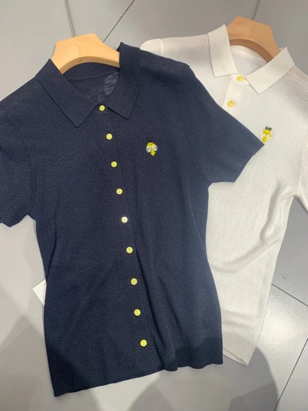 修身开衫薄款不褪色蓝．白色，简约毛针织衫短袖