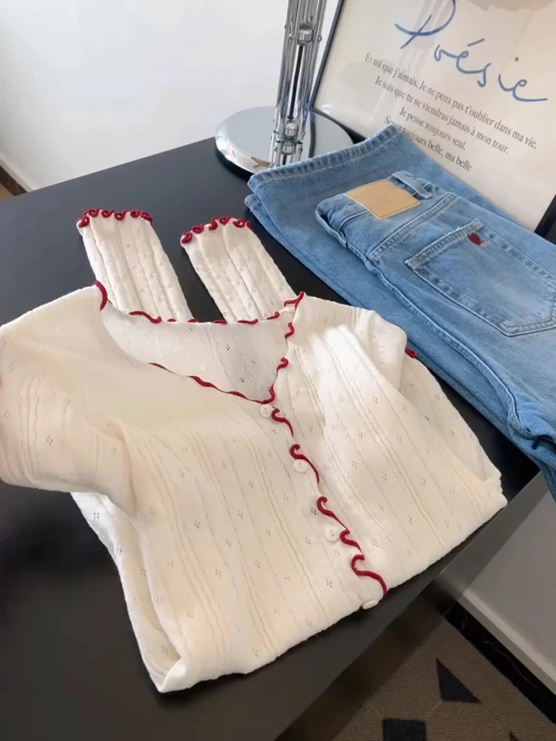 2025高级感温柔红白撞色复古风长袖针织衫秋冬韩式女高上衣外套