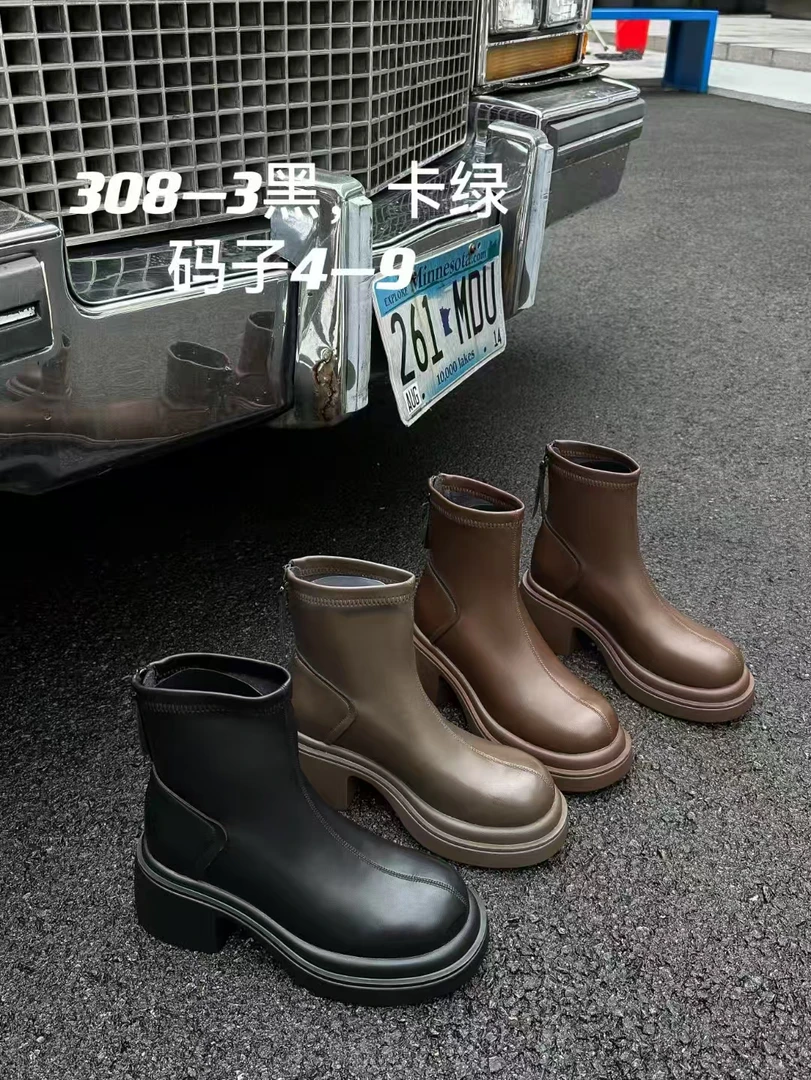 308-3-D法式小短靴女士百搭显瘦套筒粗跟软皮厚底防水台