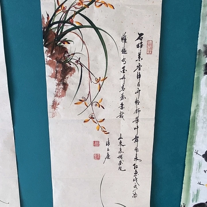 国画四尺对开手绘花鸟