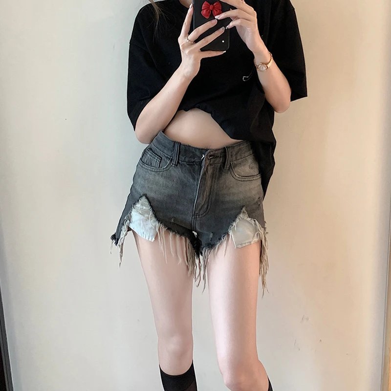 烟灰色高腰显瘦牛仔短裤女秋冬大码胖mm设计感小众毛边a字热裤潮