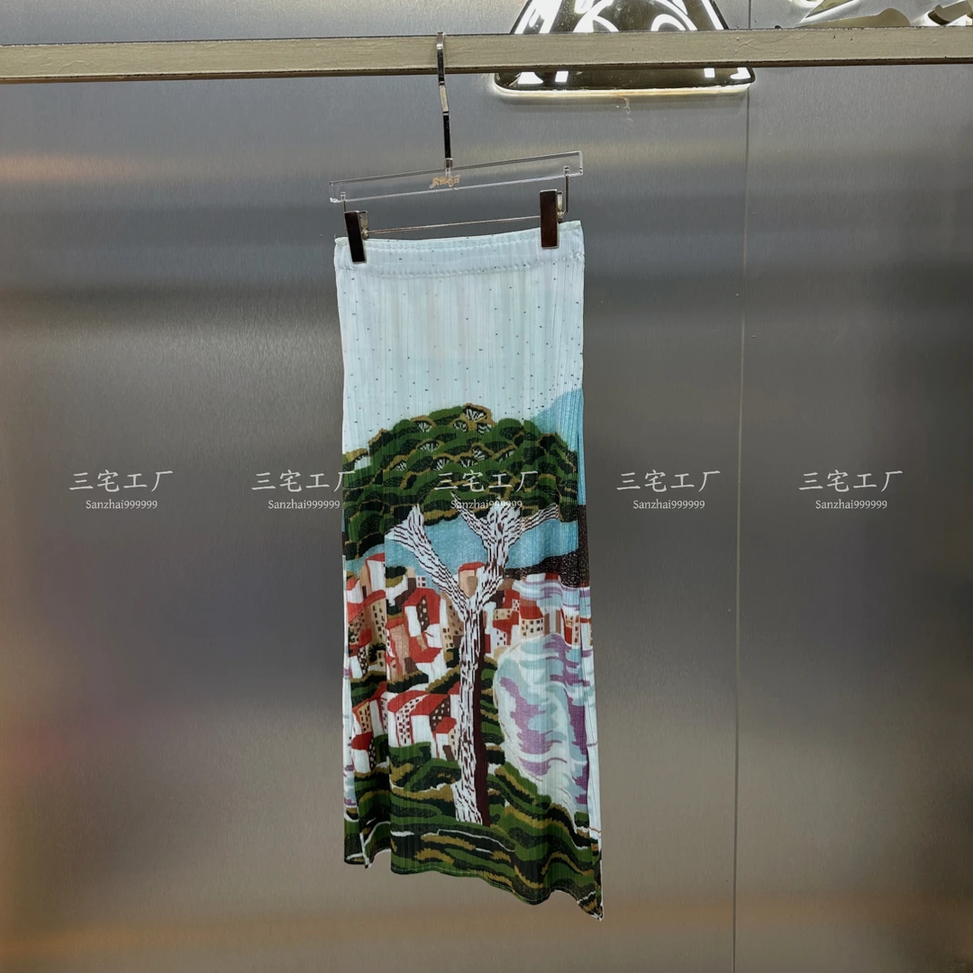 三宅褶皱夏季新款清新树木印花半裙两侧开叉小众设计感百搭半裙