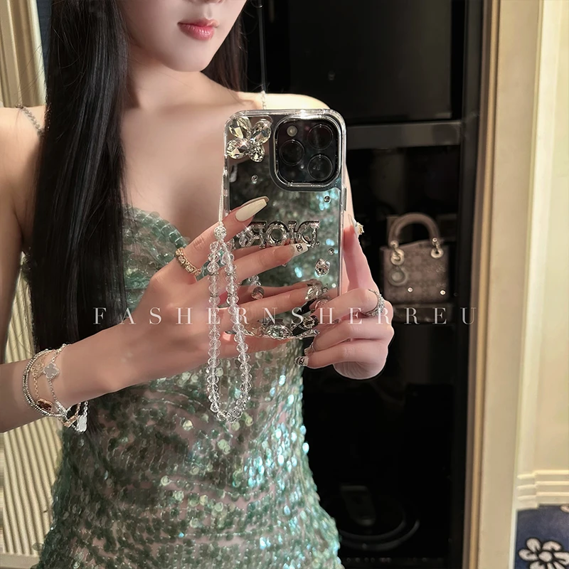 新款水钻苹果手机壳女16promax网红iPhone15硅胶套14镜面壳奢华12