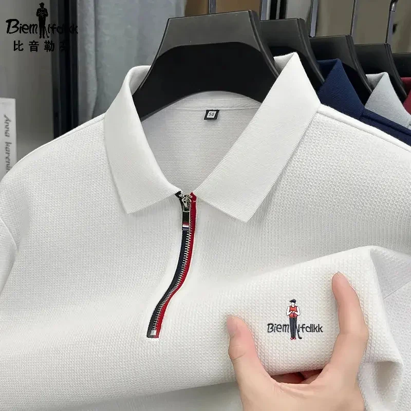 比音l勒芬轻奢春秋长袖T恤男纯棉翻领拉链舒适刺绣商务休闲POLO衫