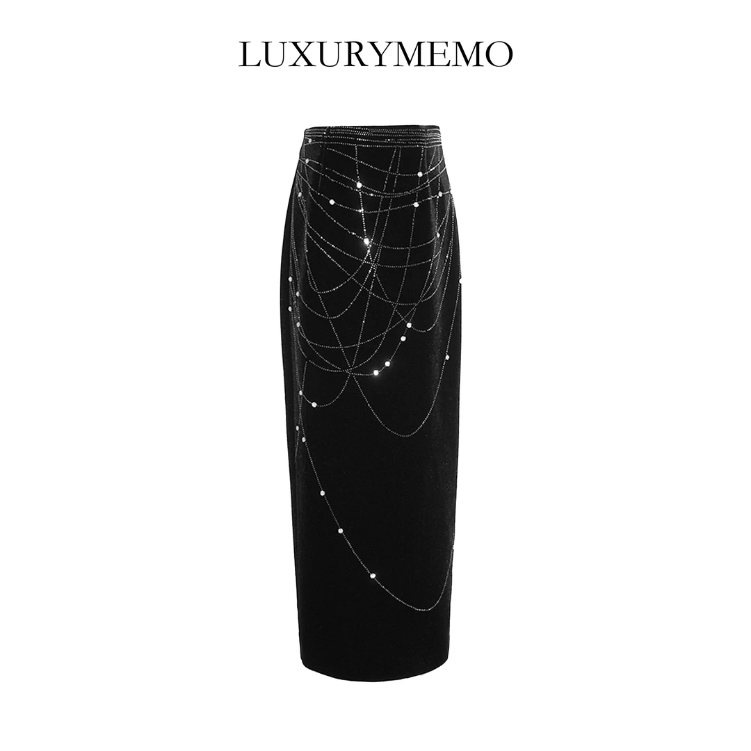 LUXURYMEMO【冰雪女王】时尚气质2024新款钉珠线条女士半身裙