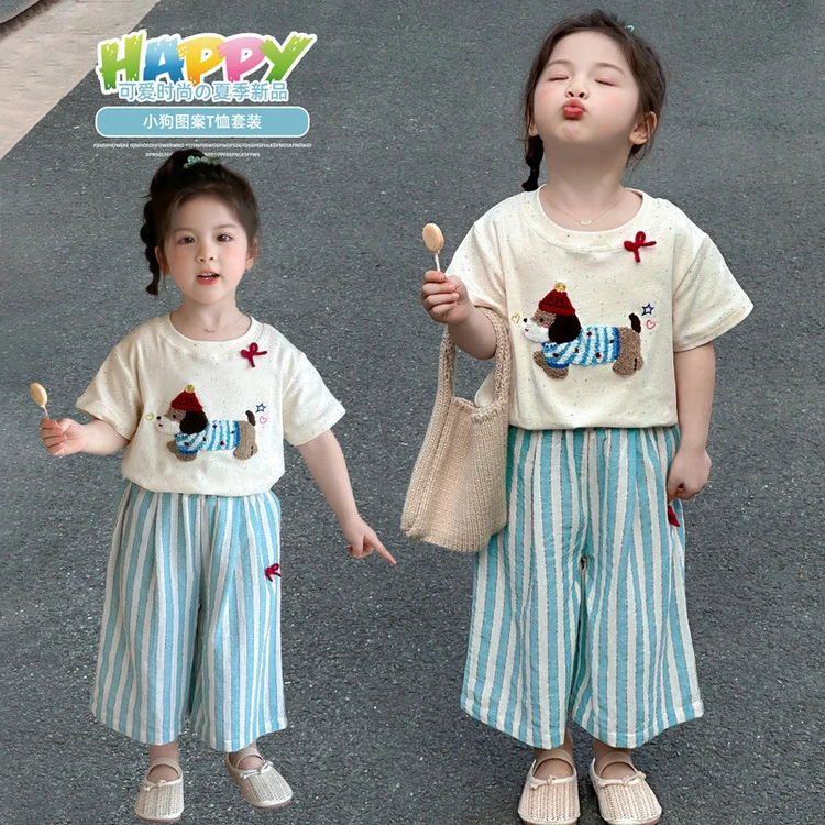 女童夏季新款套装韩版卡通休闲腊肠狗短袖条纹阔腿裤两件套