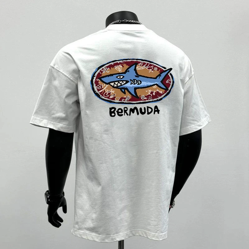 重磅260G美式潮牌鲨鱼印花纯棉宽松短袖t恤夏季2025新款男士体恤