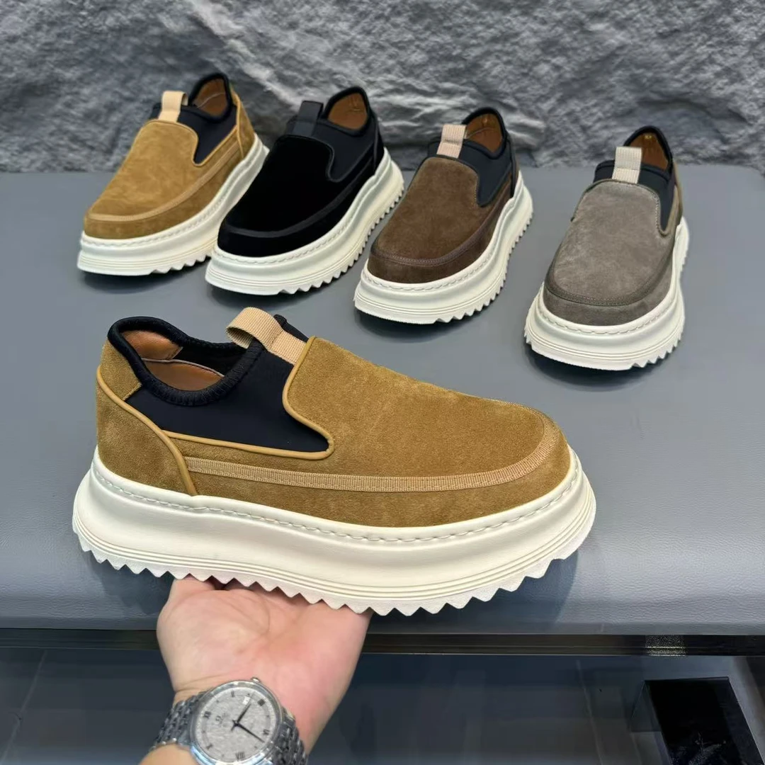 2025年冬季新款男士磨砂皮一脚蹬冬季保暖加绒时尚厚底增高休闲鞋