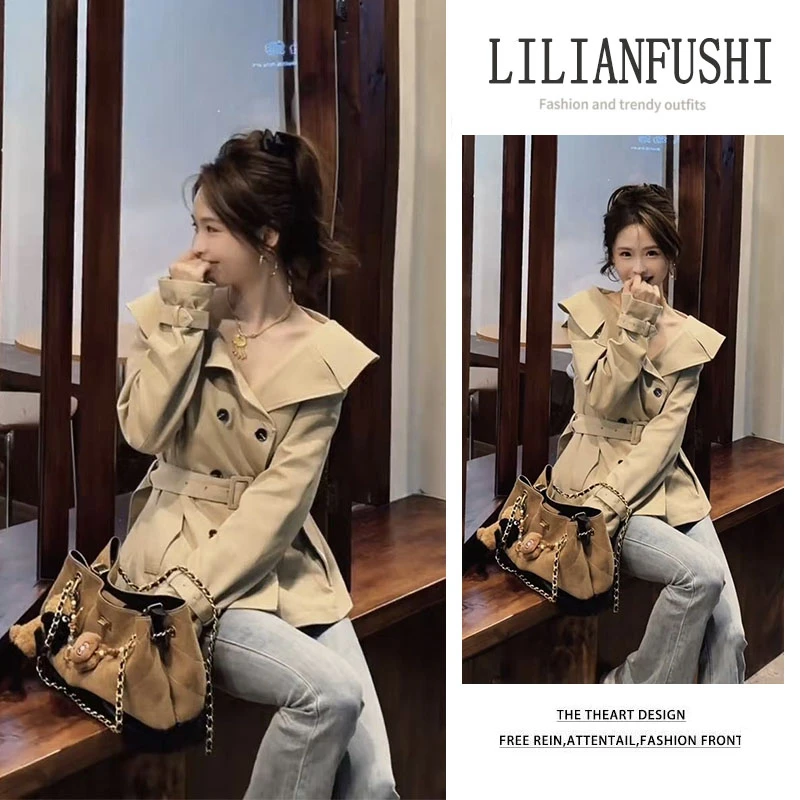 秋季穿搭2025新款设计感翻领长袖收腰外套显瘦微喇牛仔裤两件套女