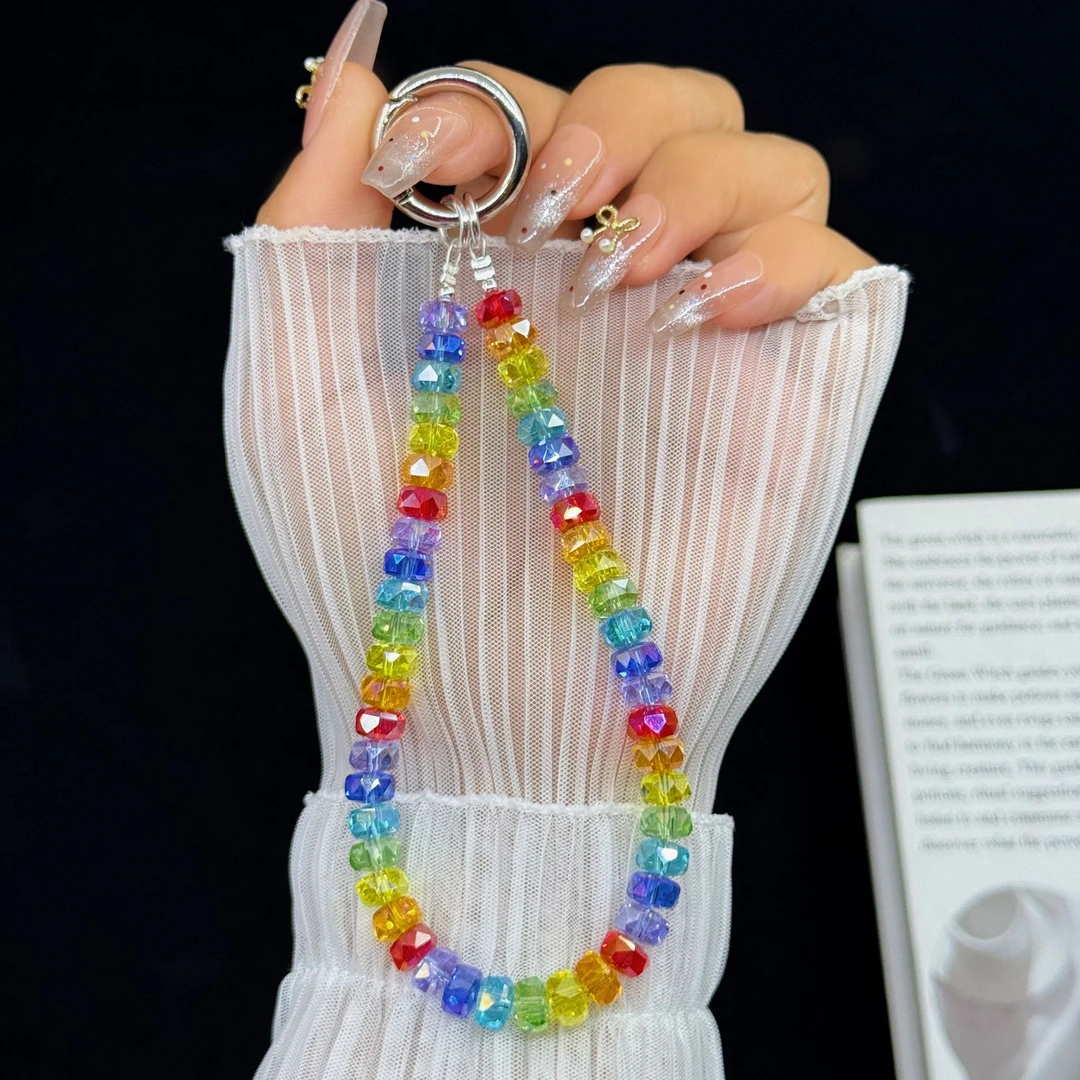 韩系轻奢彩虹晶晶手机挂链斜挎通用防摔时尚钥匙扣包包挂饰短款