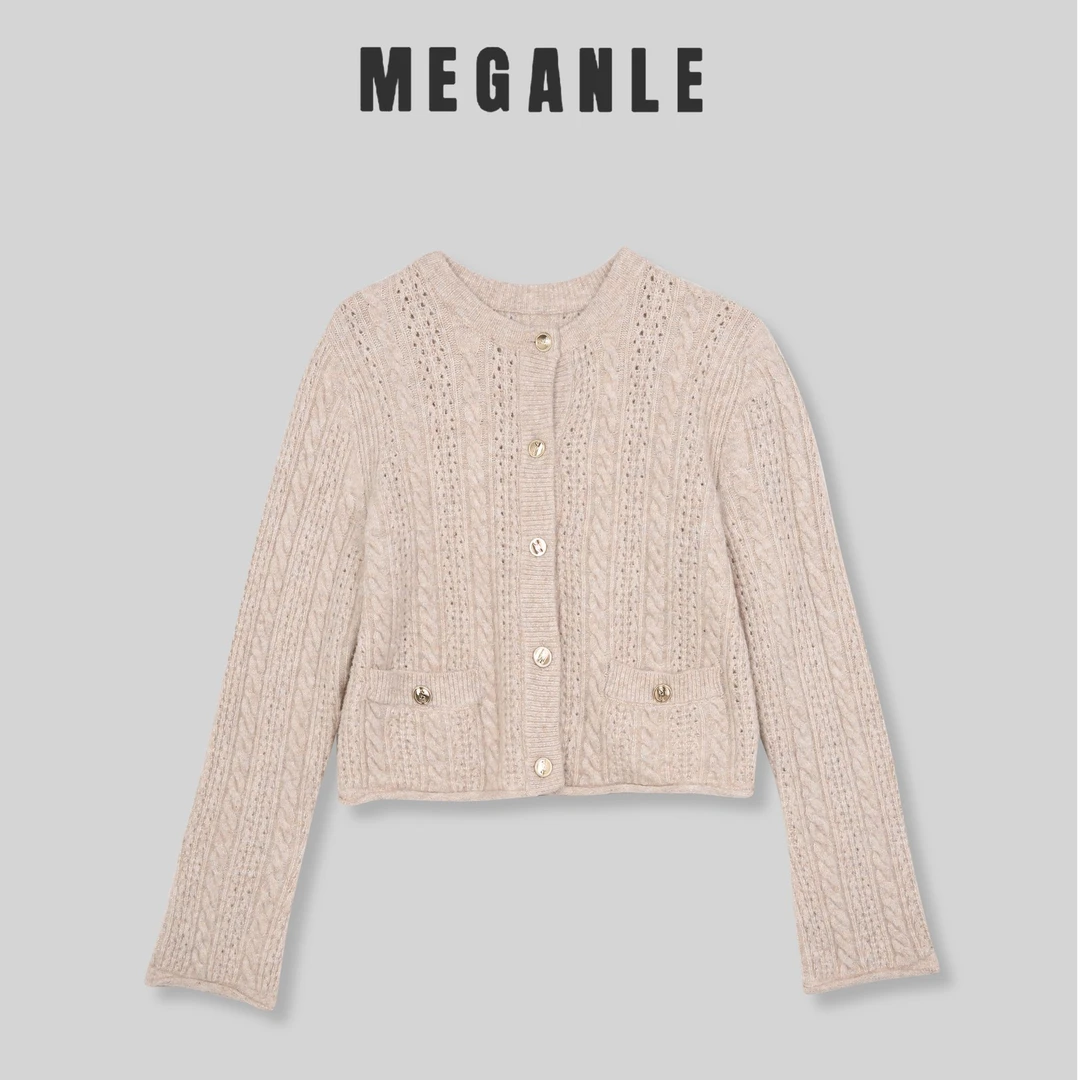 【可颂】MEGANLE 法式气质立体镂空扭花休闲短款针织开衫2023360