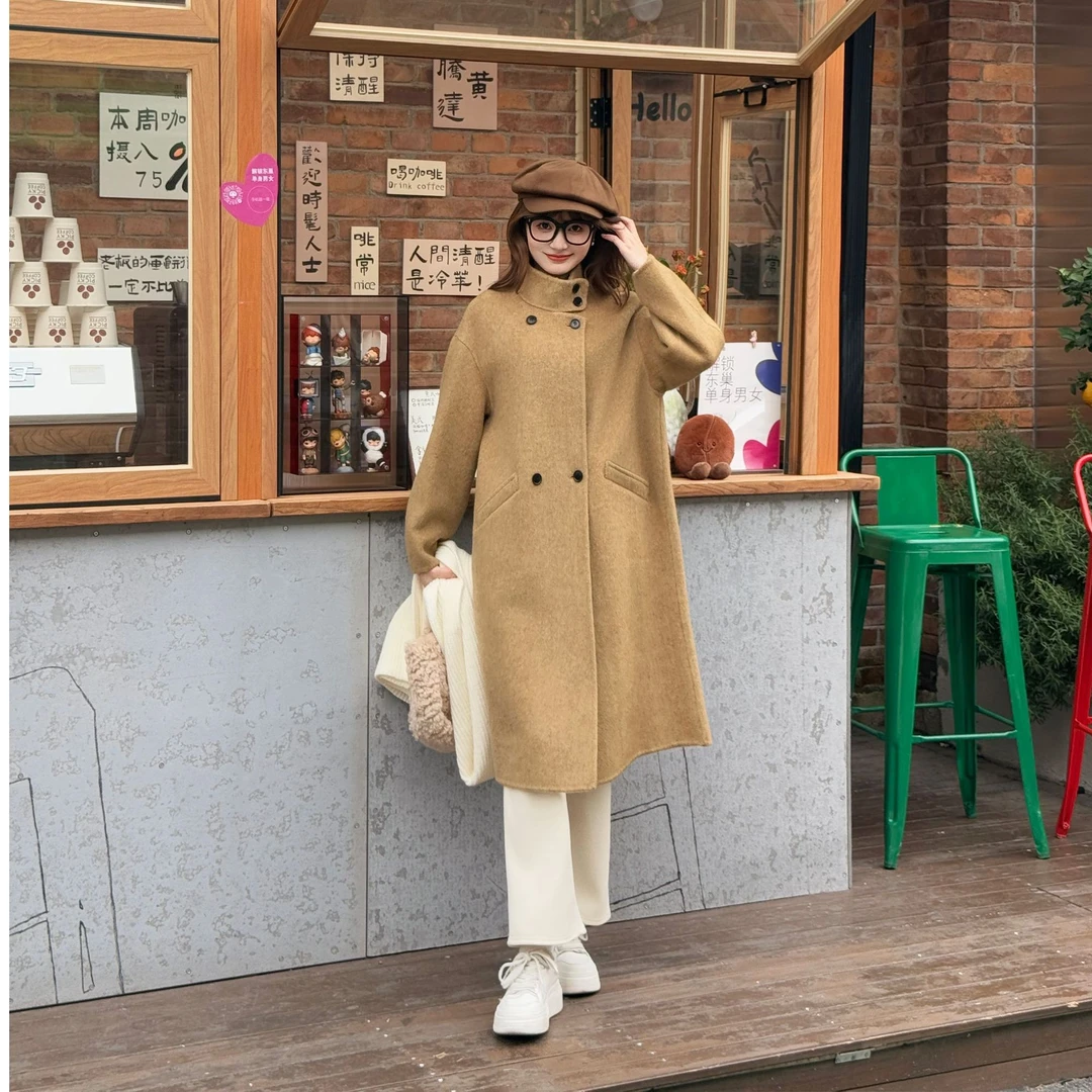 韩版宽松气质百搭双排扣立领时尚秋冬长款加厚双面羊毛大衣 5516