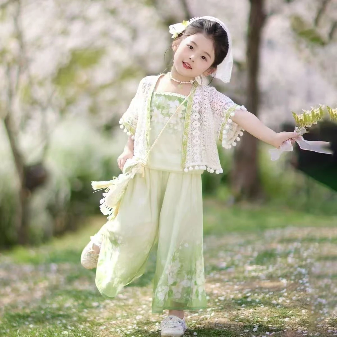 汉服女童夏款2025新款古装儿童新中式唐装古风三件套古装女孩裤装