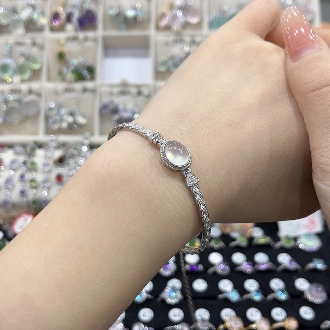 小***直蛇纹石玉银S925镶嵌手链