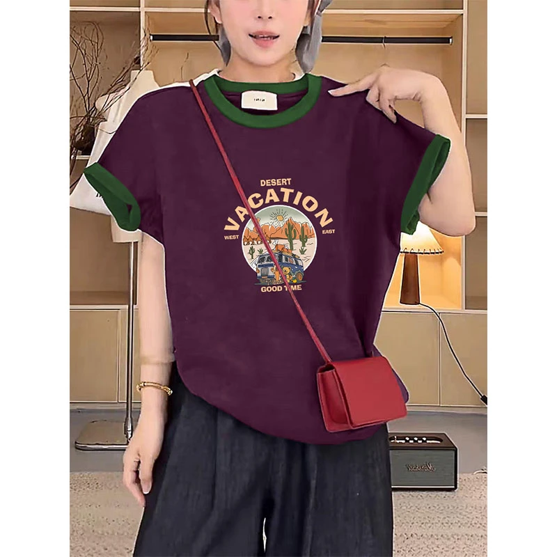 小众不撞款正肩拼色短袖t恤女装ins2025夏季时尚减龄洋气紫色上衣