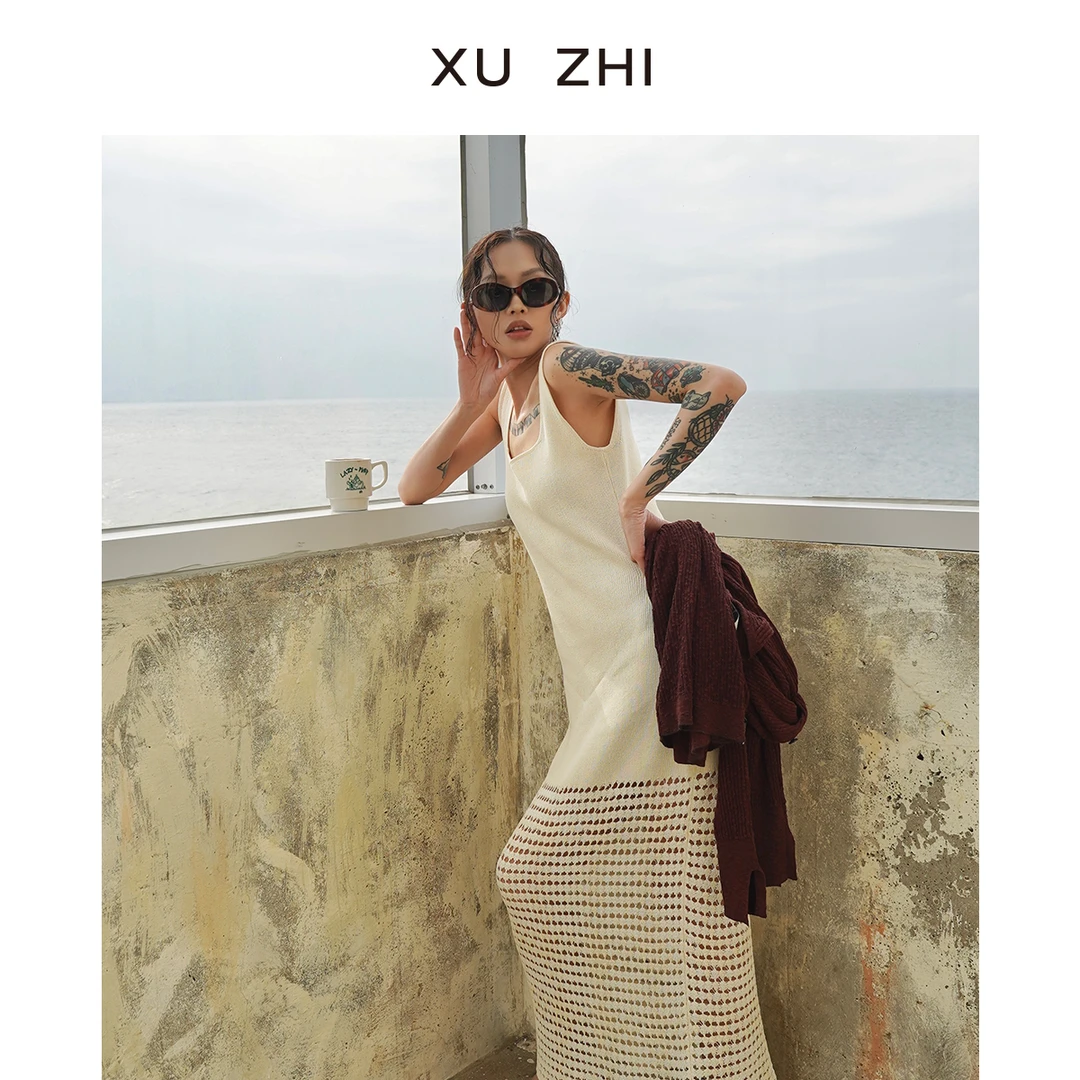XUZHI 格纹镂空提花拼接方领针织连衣裙