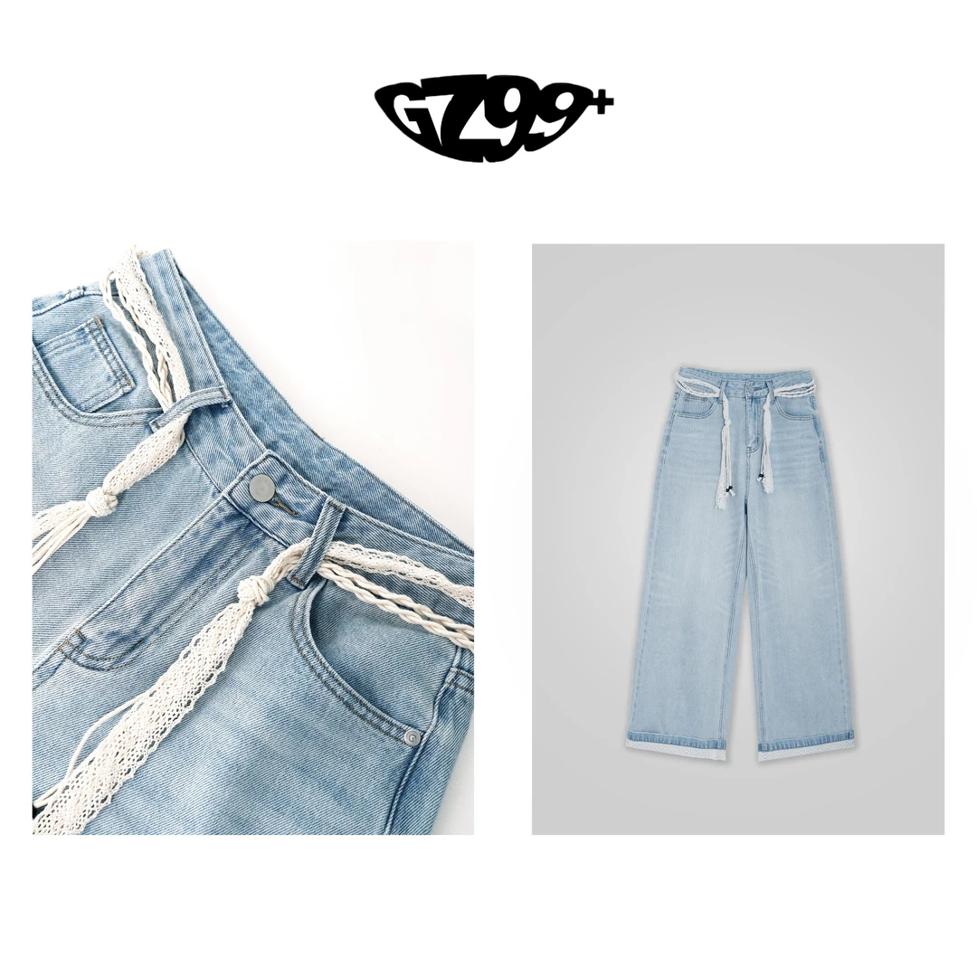 九儿【艺术碰撞】 慵懒 松弛感时尚百搭蕾丝拼接直筒牛仔裤-K6901