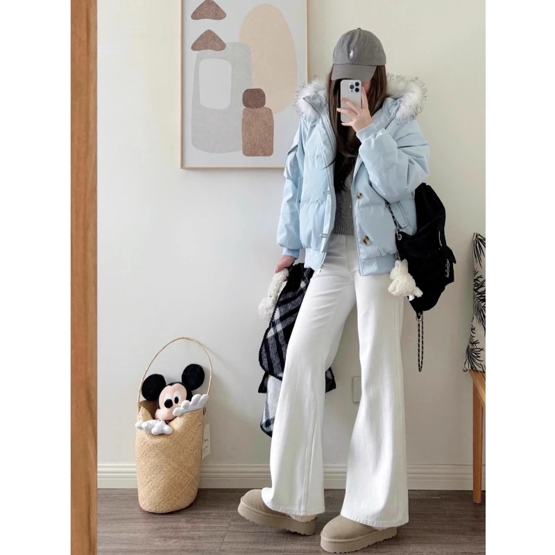 新款高品质韩系蓝色短款棉服女小个子冬季高级感连帽毛领外套女款