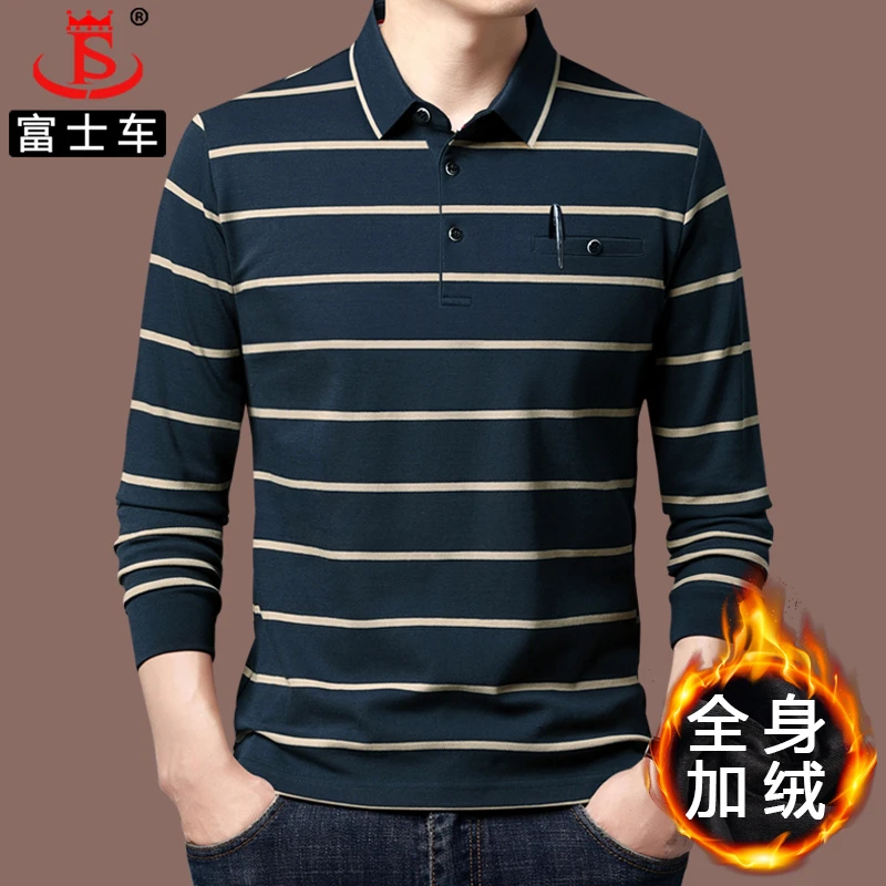 中老年男士长袖t恤冬季品牌加绒加厚翻领polo衫口袋爸爸条纹上衣