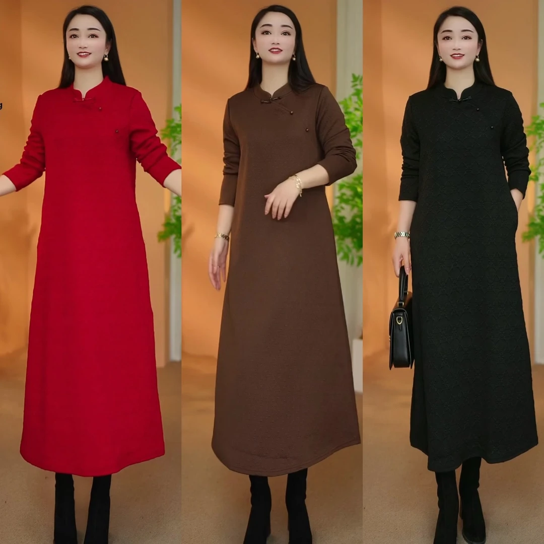 【衣雅严选】8220-2673#新款浮雕花新中式加厚宽松显瘦遮肉旗袍裙