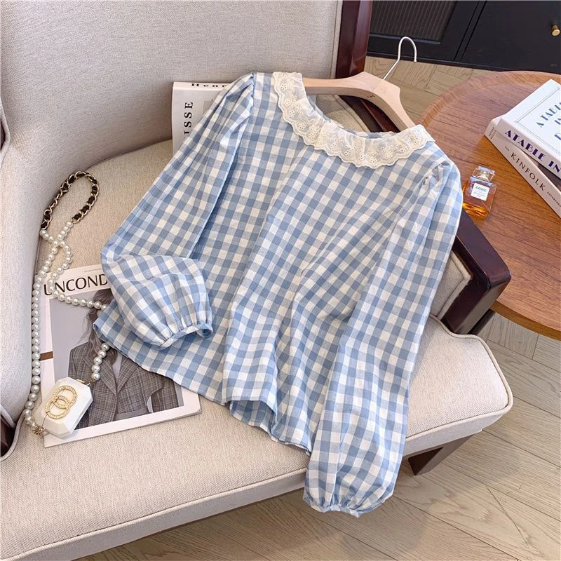 法式甜美蕾丝花边格子小个子长袖衬衫女早秋新款学院衬衣宽松上衣