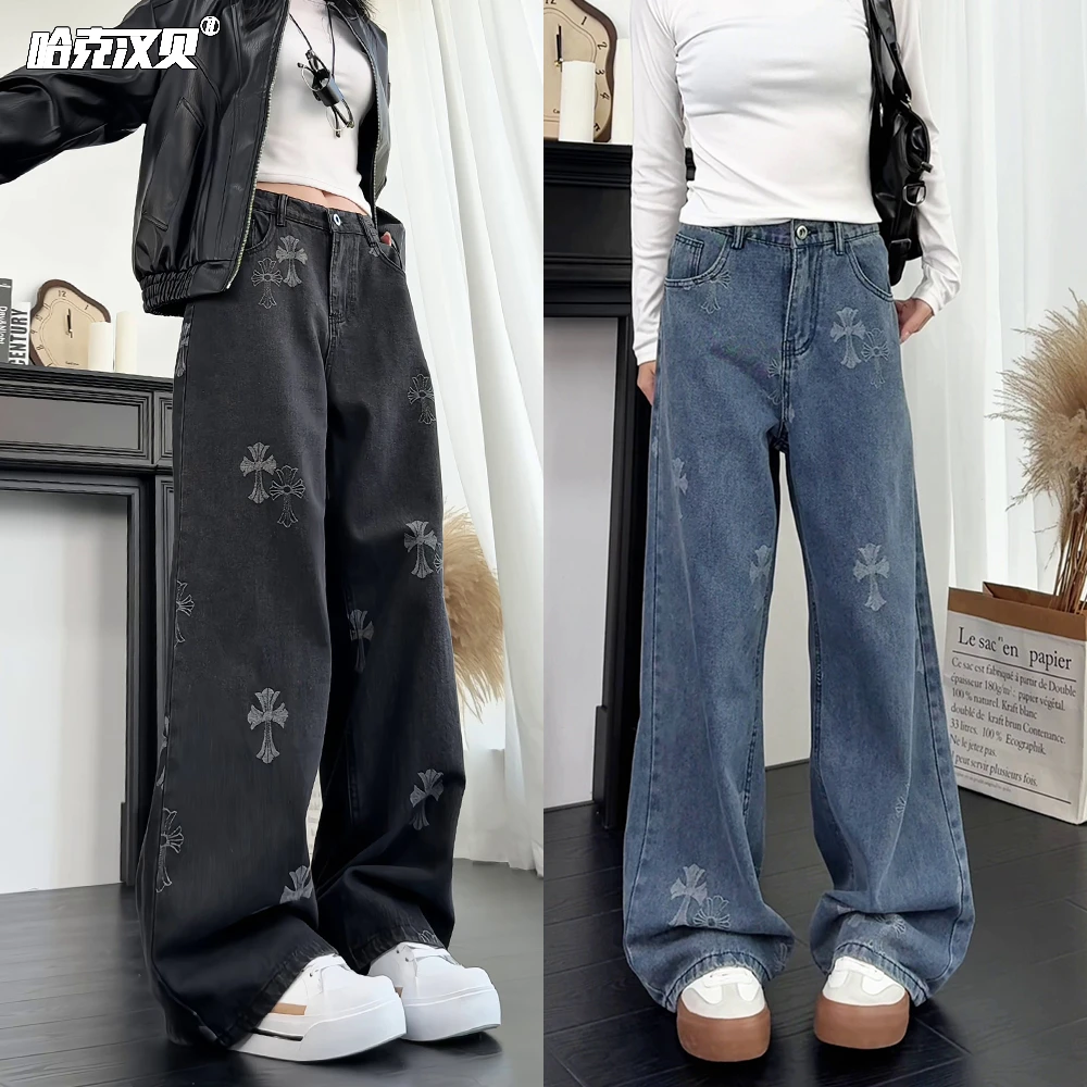 韩系提花牛仔裤男女款秋季潮牌小众风cleanfit宽松直筒休闲长裤