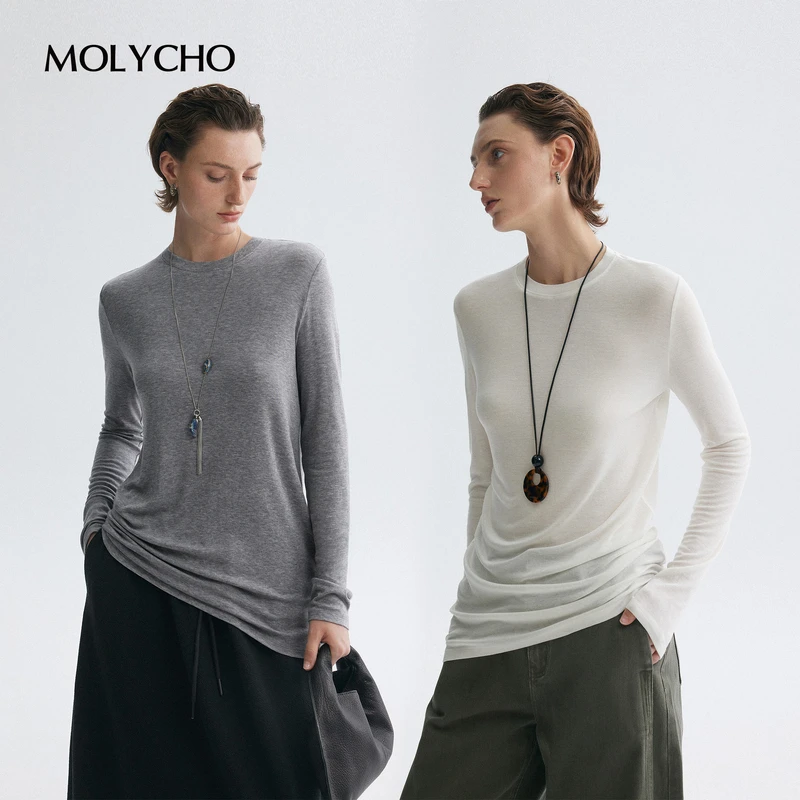 MOLYCHO  | 软糯“呼吸感”微透圆领宽松长袖T恤女/简约H版型上衣