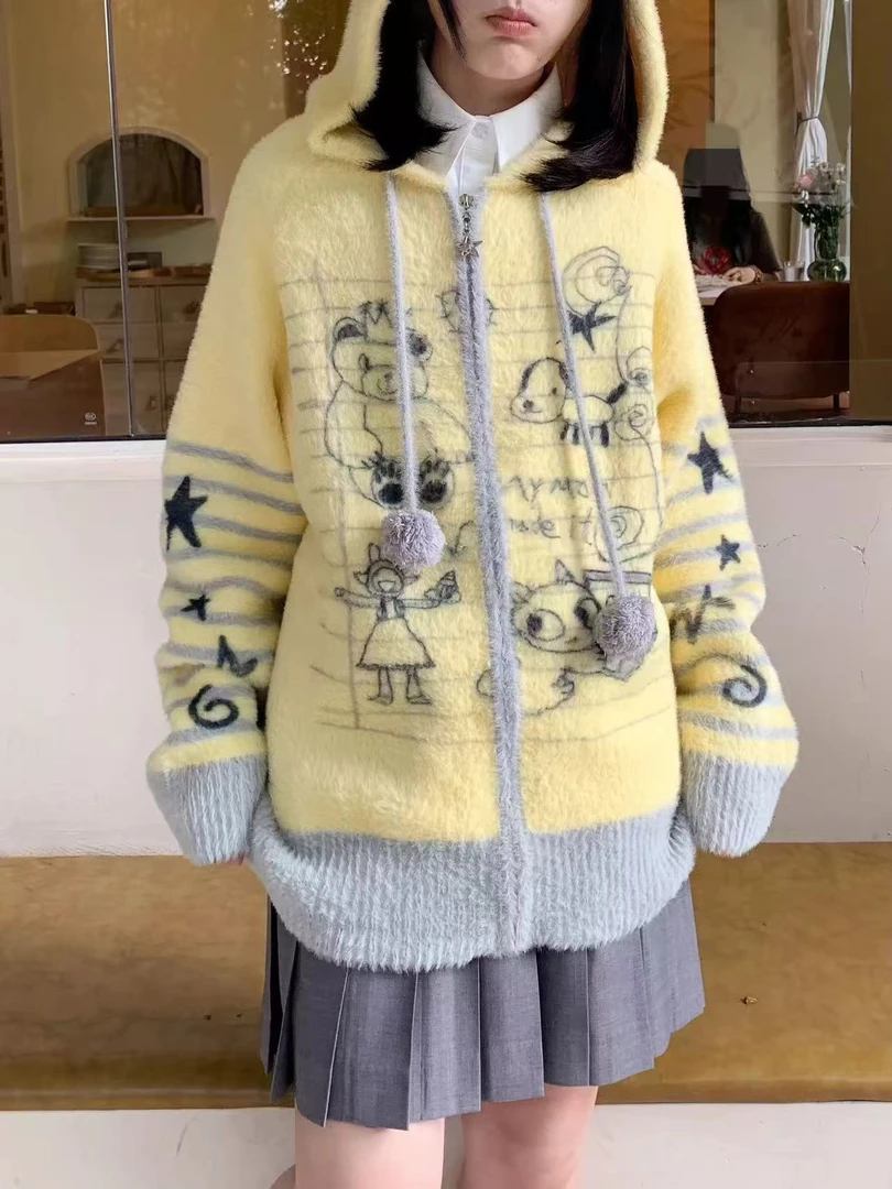 蜂蜜熊｜可爱涂鸦印花毛衣仿貂毛宽松连帽针织外套