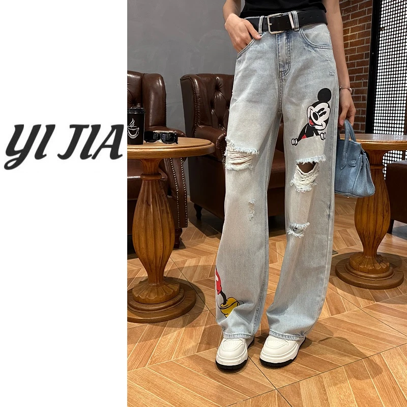 【壹家】YJ73#021/ 弯刀米奇裤 /2025夏季复古卡通印花破洞牛仔裤女