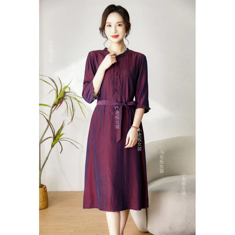 紫藤色新款纯色 时尚修身休闲连衣裙 优雅显瘦 收腰裙