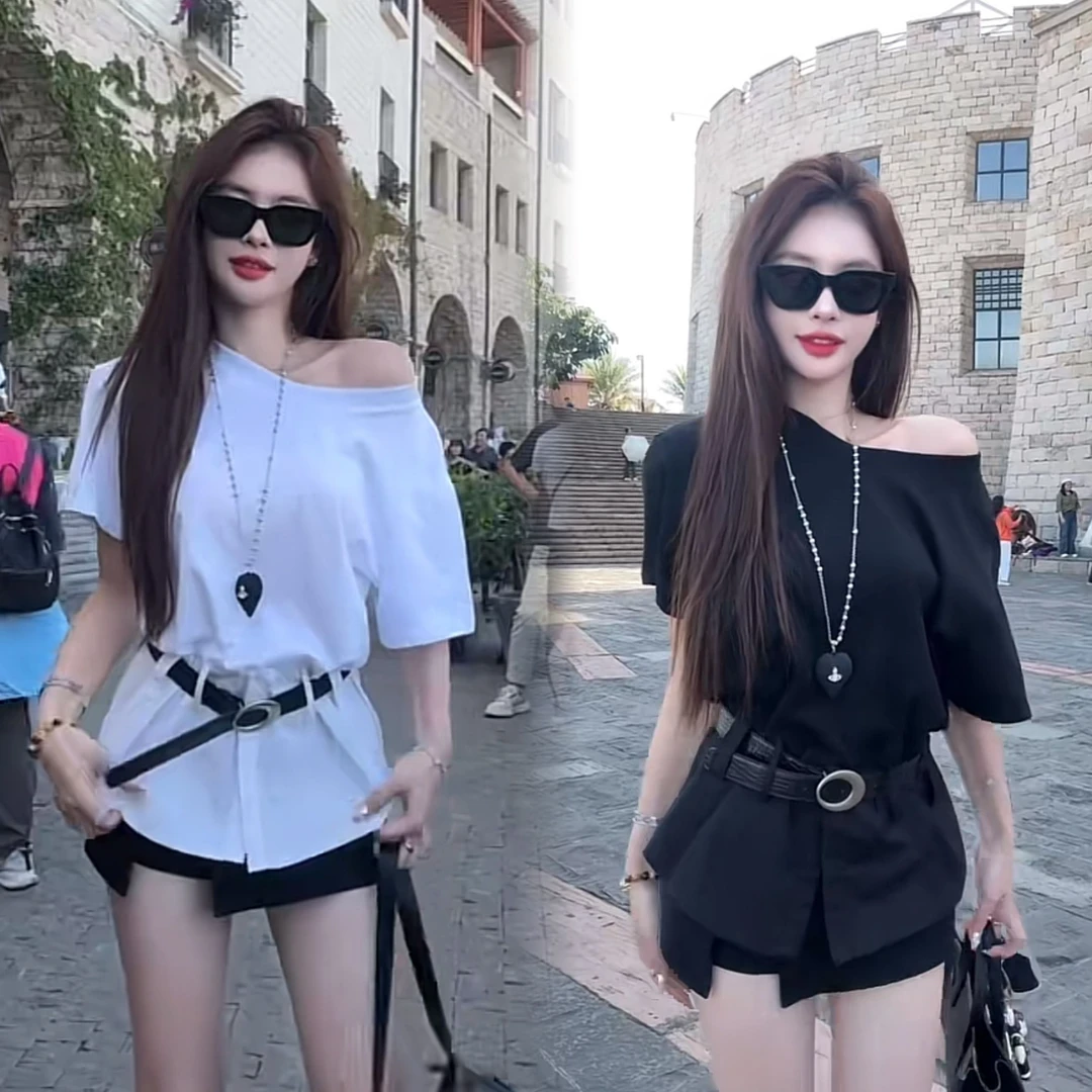 2025夏季新款韩版气质辣妹斜肩露肩短袖T恤+显瘦裙裤套装时尚套装